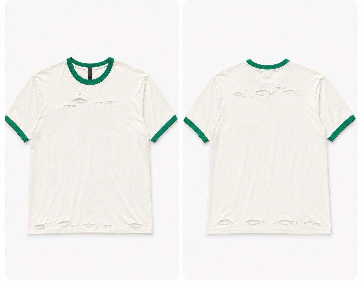 Distressed Vintage Ringer Tee – Green Trim